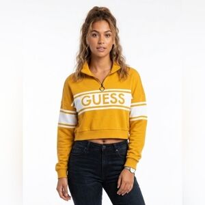 Guess Mustard Yellow & White Cropped Quarter-Zip Pullover size:L